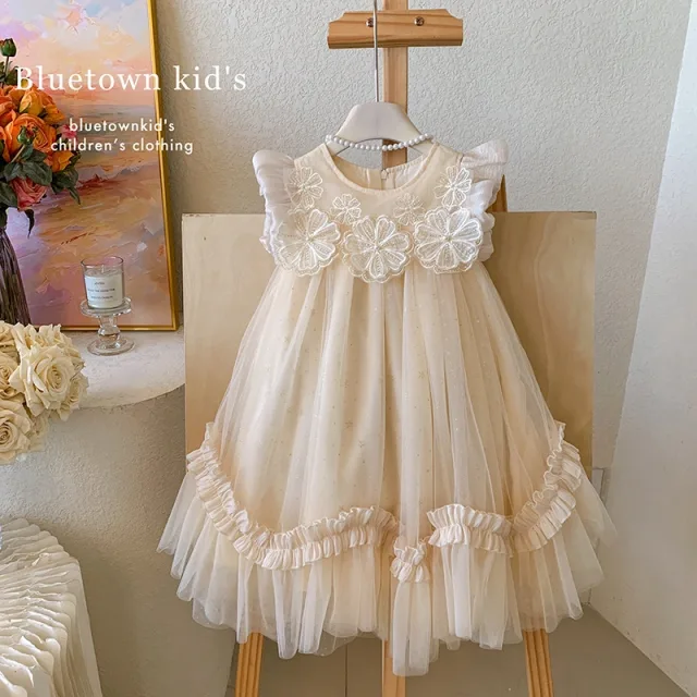 2026 Summer Fashion Girls' Stylish Flutter Sleeve 3D Floral Tulle Puffy Dress Baby Korean Style Birthday Princess Dress Trendy