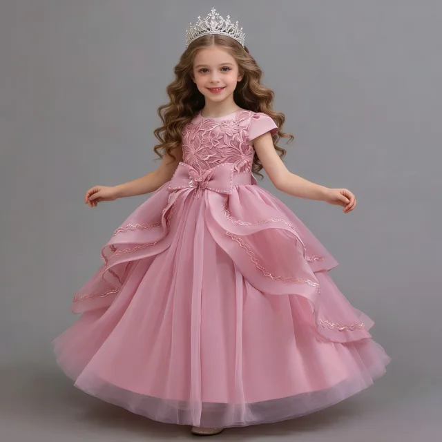 Girls' Princess Dress, Asymmetrical Long Mesh Dress, Medium and Large Children's Piano Performance Dress