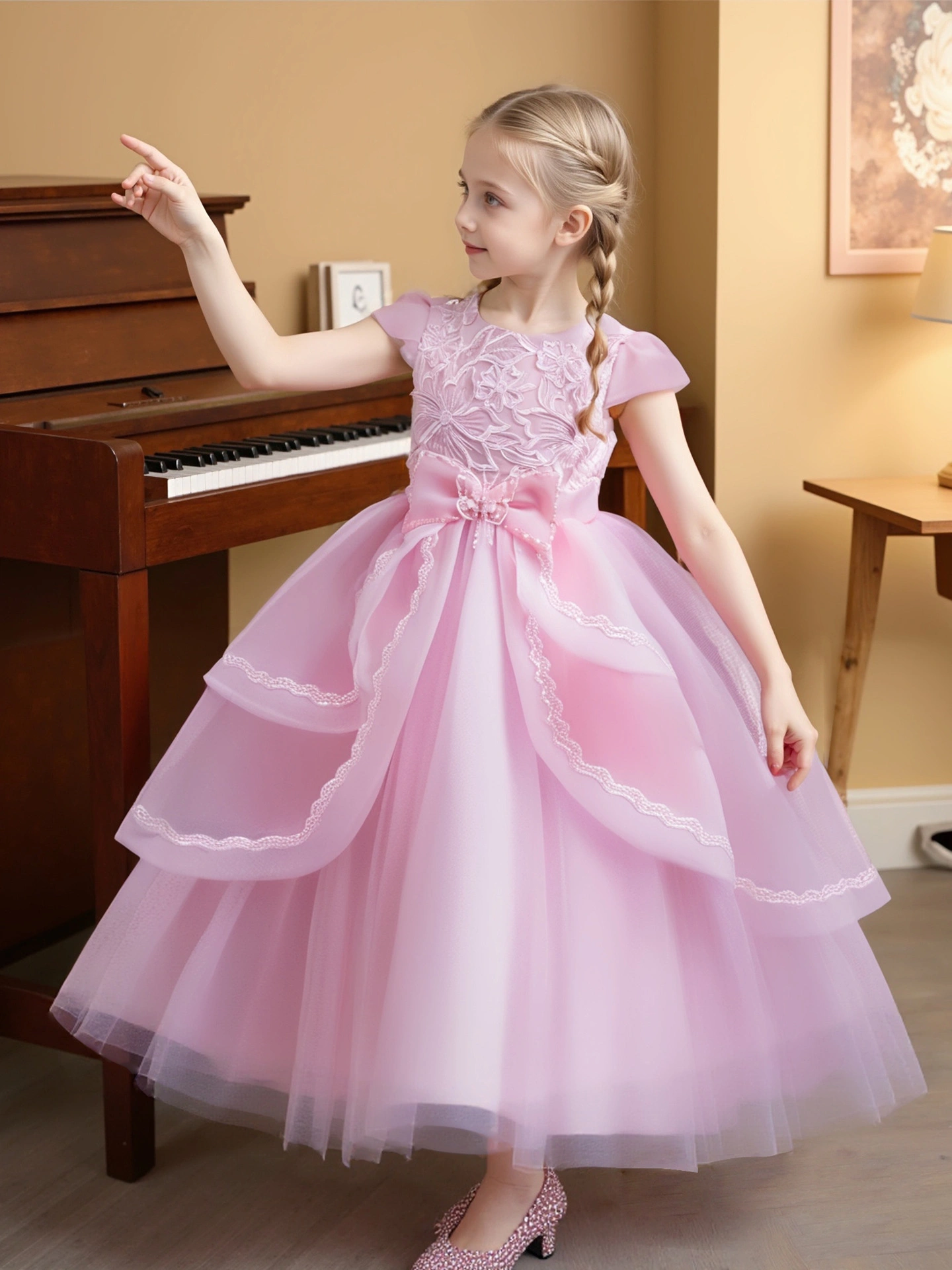 Girls' Princess Dress, Asymmetrical Long Mesh Dress, Medium and Large Children's Piano Performance Dress — product photo 4 — shop Bangladesh | RADANAN