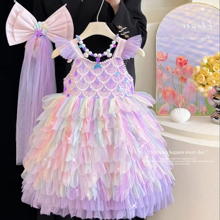 Princess Dress with Suspender Elegant Birthday Gift for Little Girls Colorful Picture Design