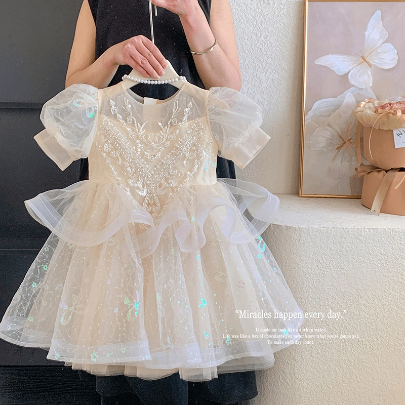 Girls' Piano Performance Dress, Classy Birthday Princess Dress, Fluffy Gauze Puff Sleeves, Small Host Kidsren's Performance Clothing