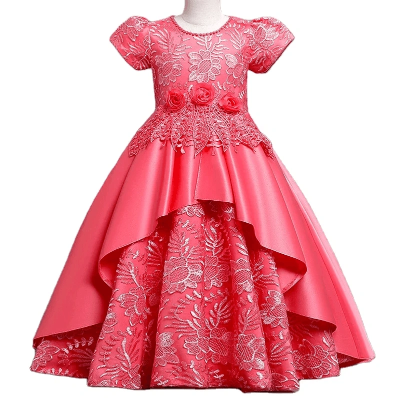 Super popular short sleeved girls' dress, children's lace embroidered dress, girls' party princess dress